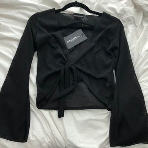 BLACK LIGHTWEIGHT KNIT TIE FRONT LONGSLEEVE TOP